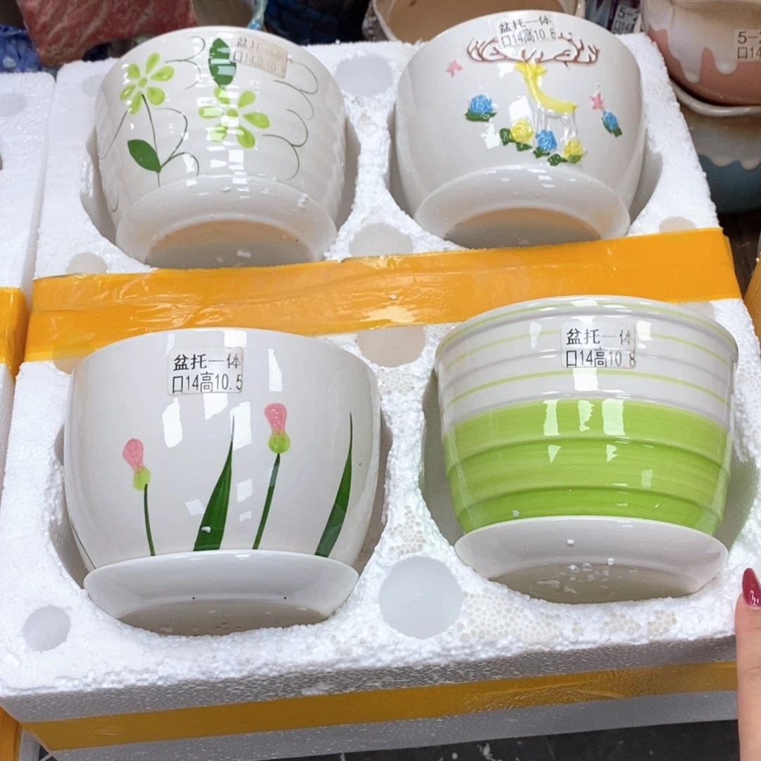 @陶瓷花盆@@四个手绘