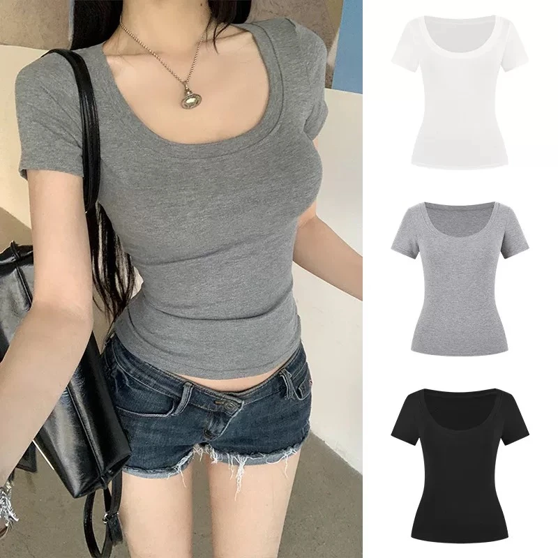纯欲风大u领显胸螺纹短袖t恤女正肩夏季新款韩版修身辣妹高腰体恤