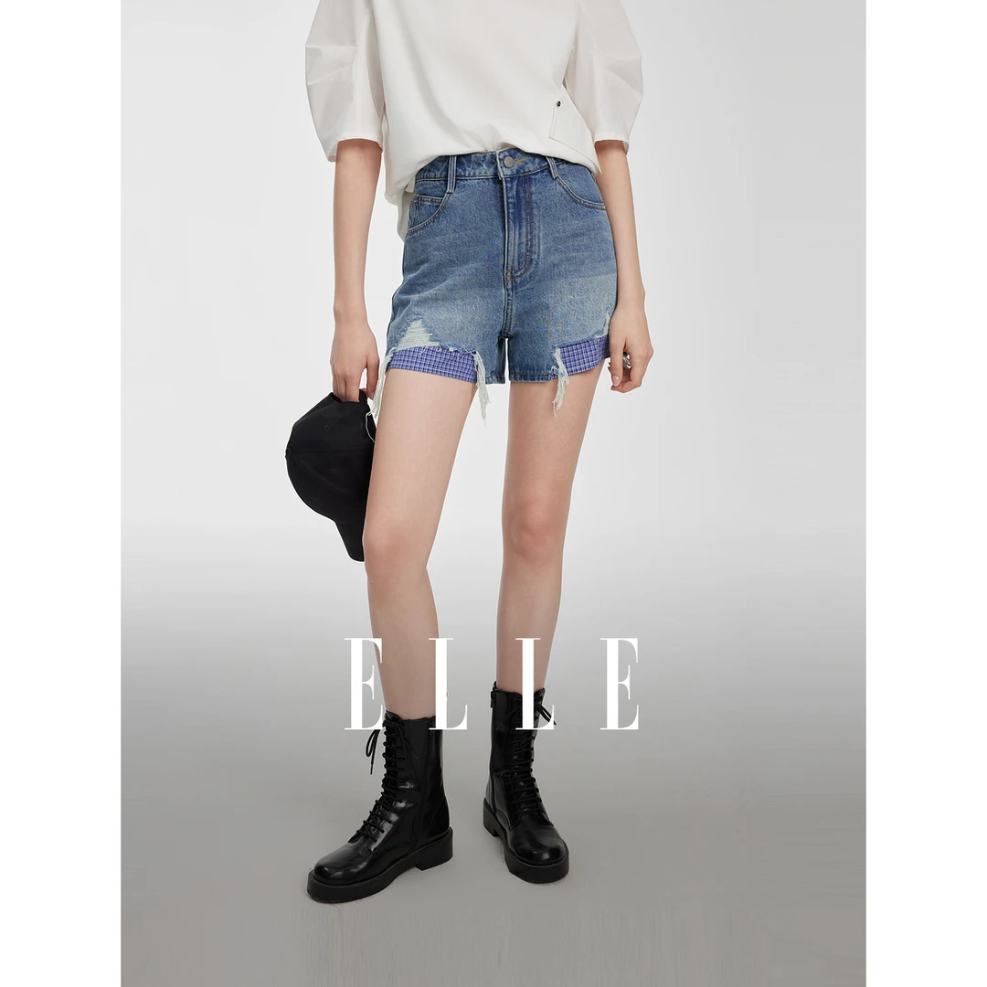 ELLE摩登格纹牛仔短裤女2025夏季新款破洞毛边高腰EQ51020