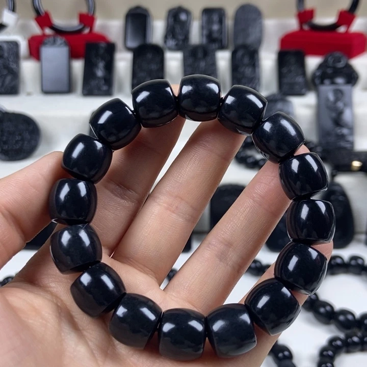 和田玉（墨玉）未镶嵌手串卡14直切