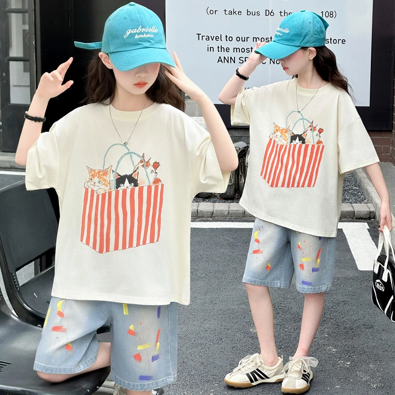 女童夏季短袖T恤2025新款儿童纯棉体恤女孩潮流印花上衣时髦半袖t