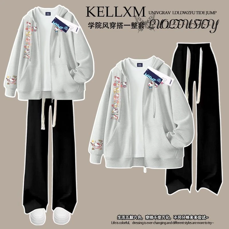 女童洋气可爱kitty印花加绒拉链连帽卫衣套装秋冬百搭时尚两件套