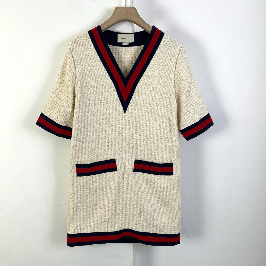 99新 GUCCI/古驰 42码/编织V领连衣裙/如图/00557