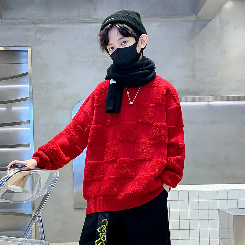 男童红色毛衣秋冬打底2024中大童休闲韩版长裤宽松儿童针织衫套头