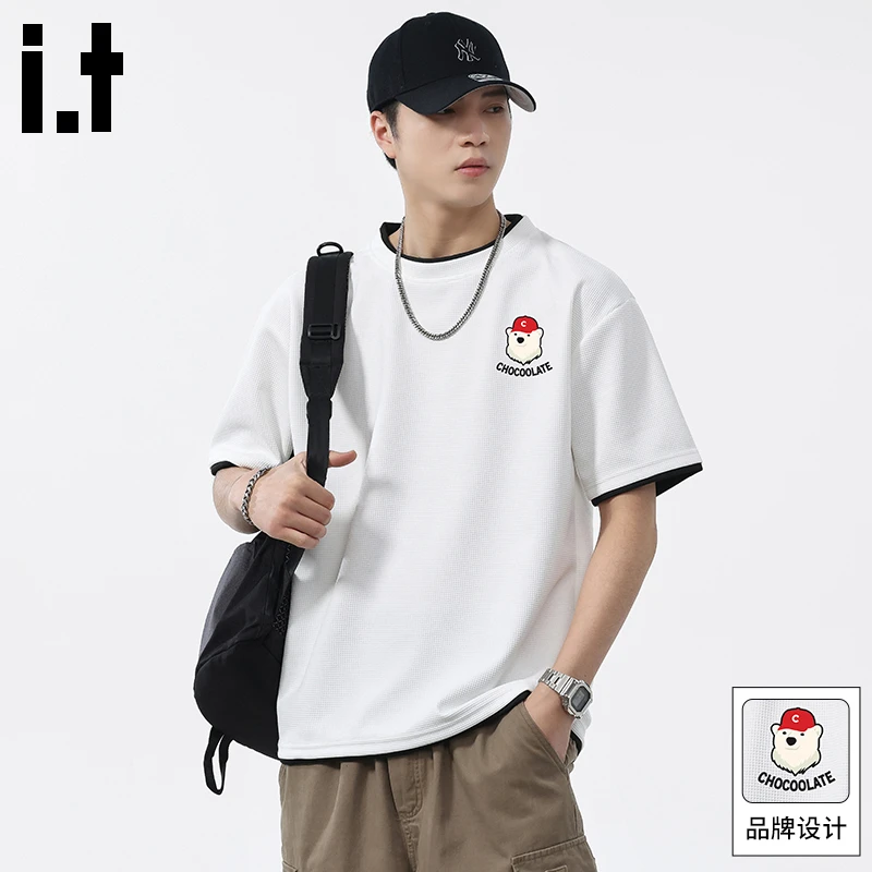 it: CHOCOOLATE男士夏季新款假两件短袖日系宽松休闲华夫格半袖衫
