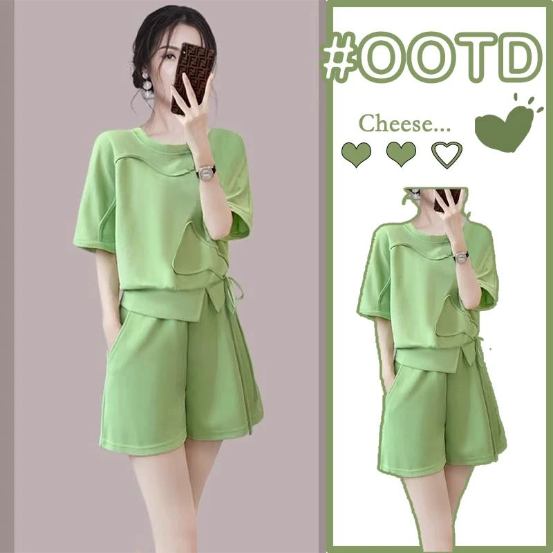 ROUJE LEOK原创设计女装夏季小香风时尚休闲运动牛油果绿短裤