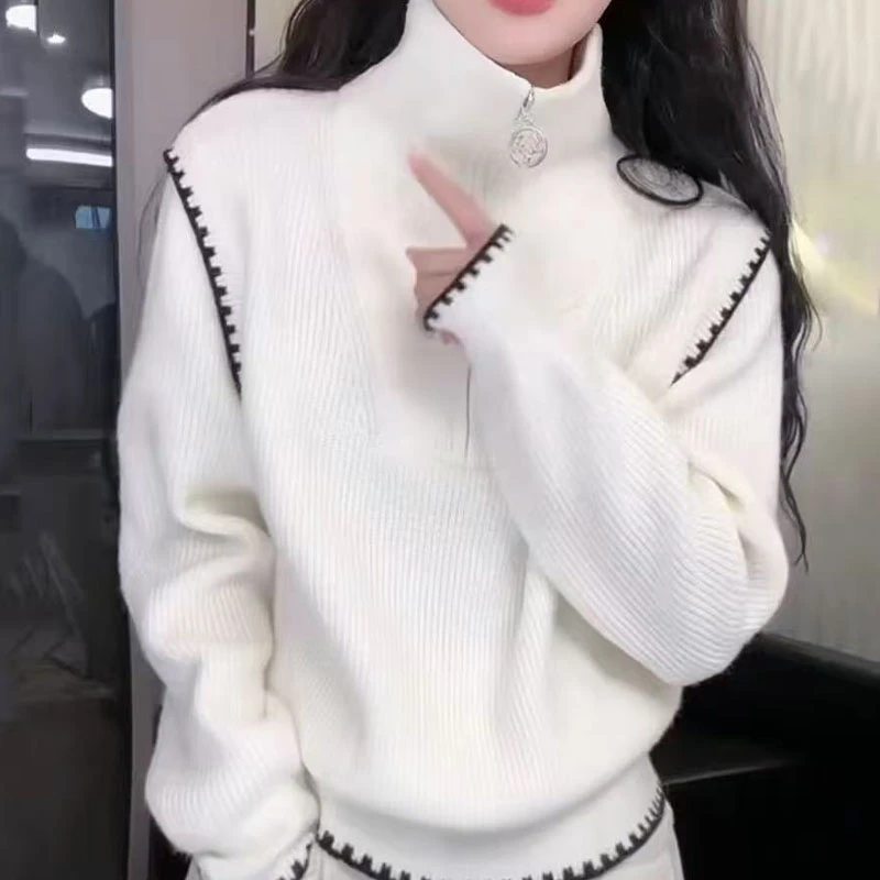 设计感洋气减龄半拉链撞色韩版针织衫-0551