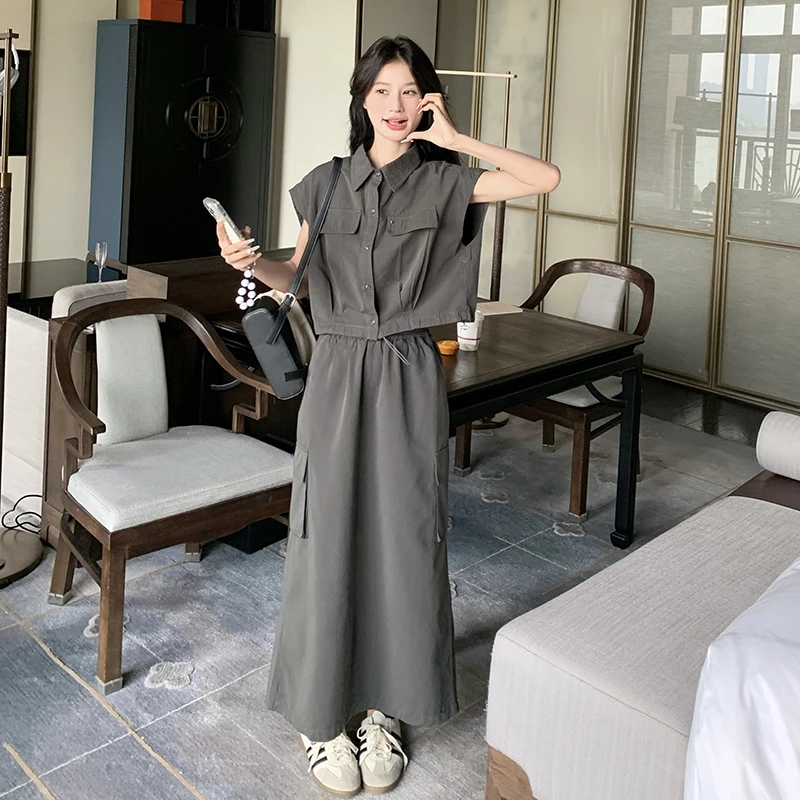一整套ootd穿搭大方得体高级感工装风上衣半身裙两件套装女夏休闲
