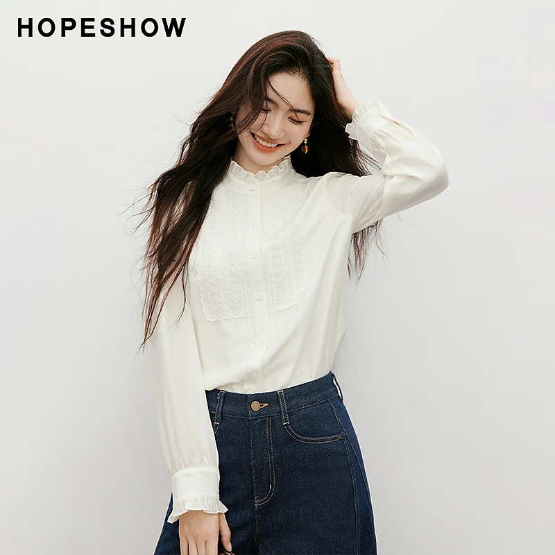 红袖2025秋女装 钉珠绣花木耳边捏褶拼接正肩立领衬衫90125280304