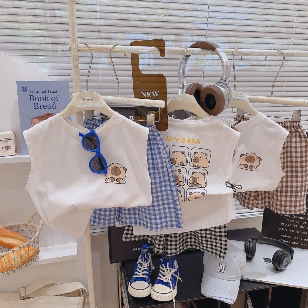 卡通风套头通用薄款夏季中性套装棋盘格洋气印花男童休闲女宝