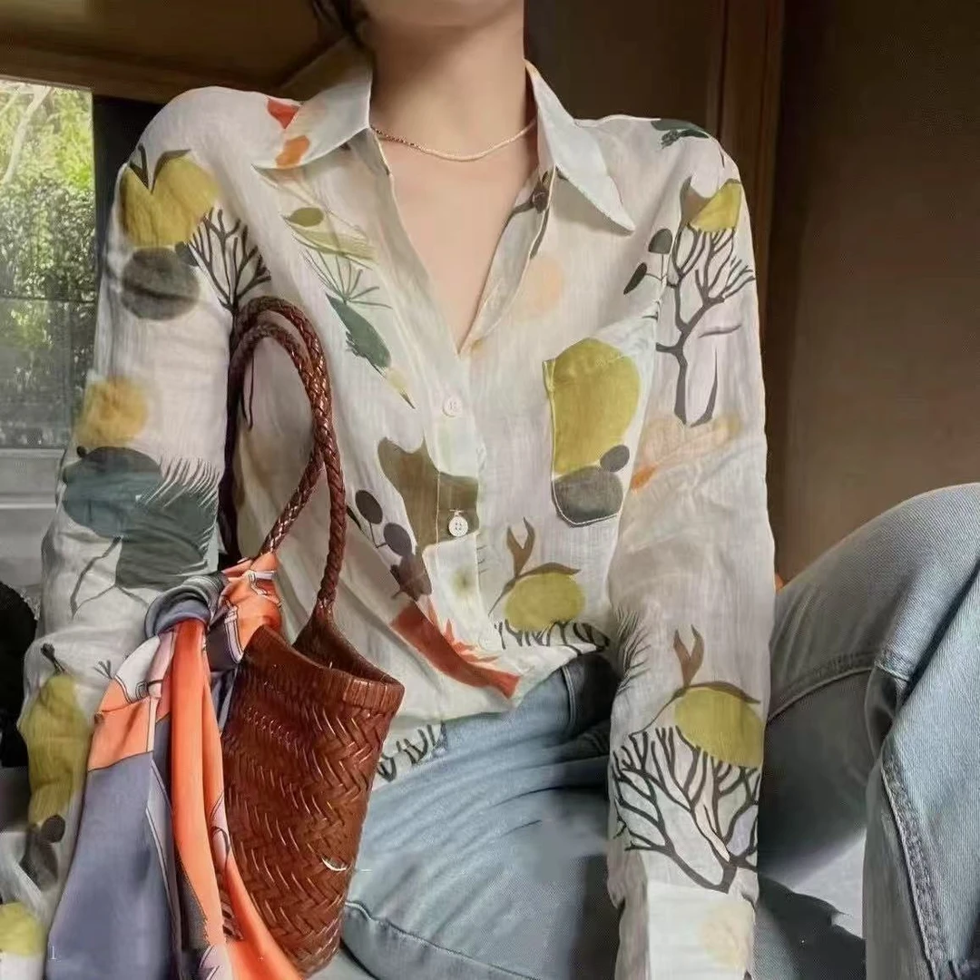 8869/150   2025春季新款韩版时尚宽松百搭单排扣印花长袖衬衫女