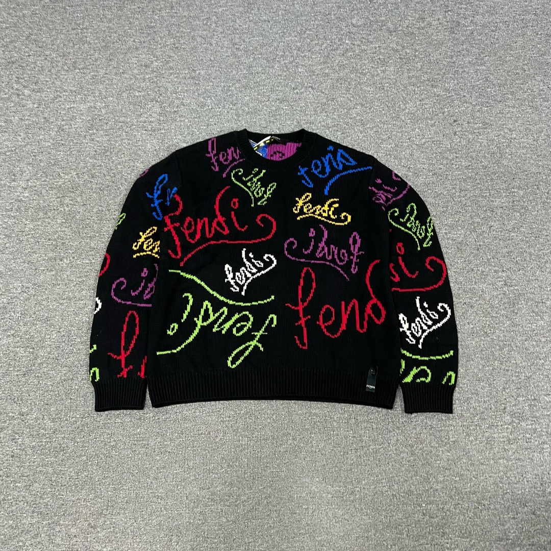 99新 FENDI/芬迪 彩色弹幕字母满印 羊毛针织套头毛衣 50码 99新