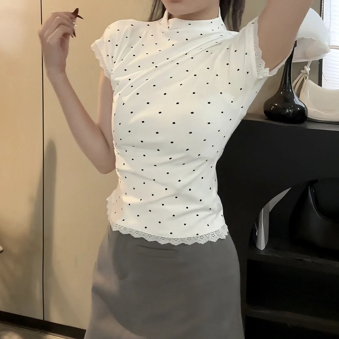 夏季新款蕾丝边显瘦穿搭短袖女t恤波点蕾丝百搭正肩上衣