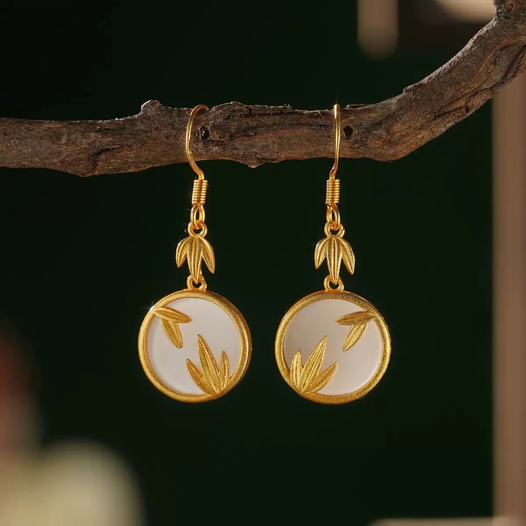 铜合金珐琅耳饰 新中式复古风金色竹叶耳饰百搭耳环饰品中国风