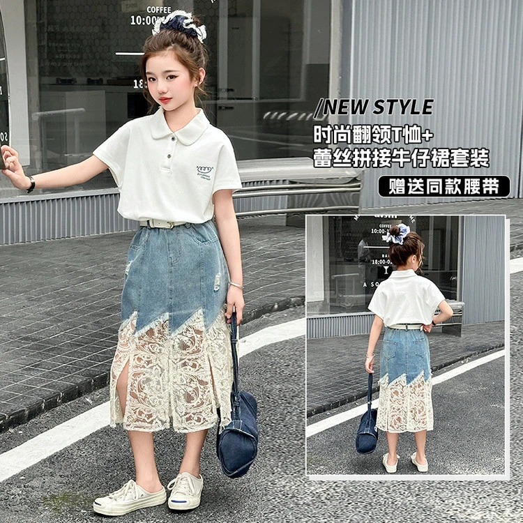 女童2025夏季新款盐系高腰牛仔拼接蕾丝半身裙时尚POLO衫短袖上衣