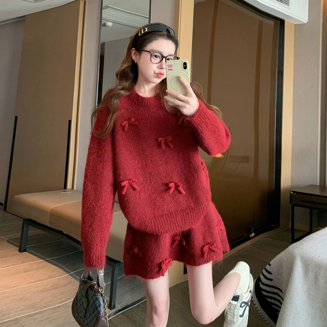 红色圣诞穿搭针织毛衣连衣裙子女2025新款秋冬季小香风套装高级感