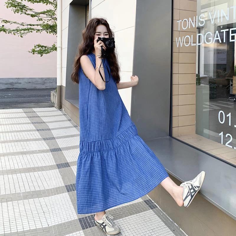 法式海边度假连衣裙女2025年夏季新款小清新减龄格子背心长裙韩版