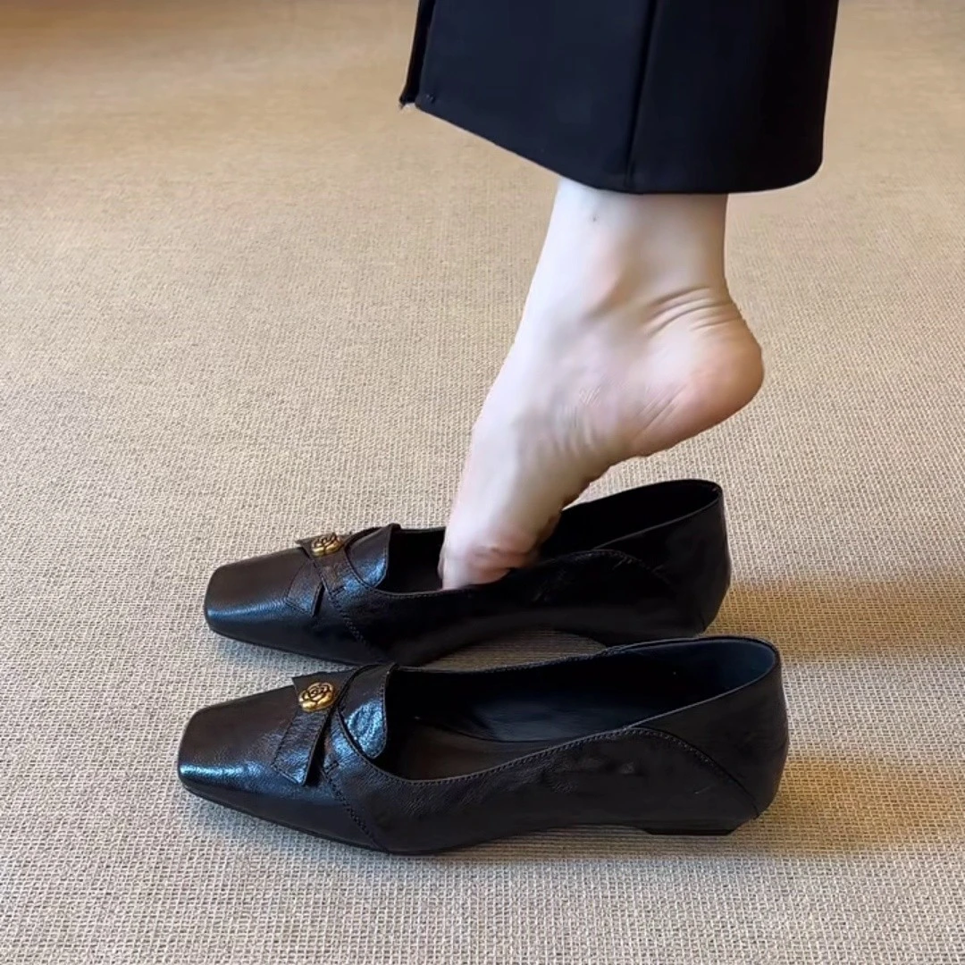 羊皮版~2025新款法式复古风时尚气质方头粗跟蝴蝶结浅口单鞋外穿