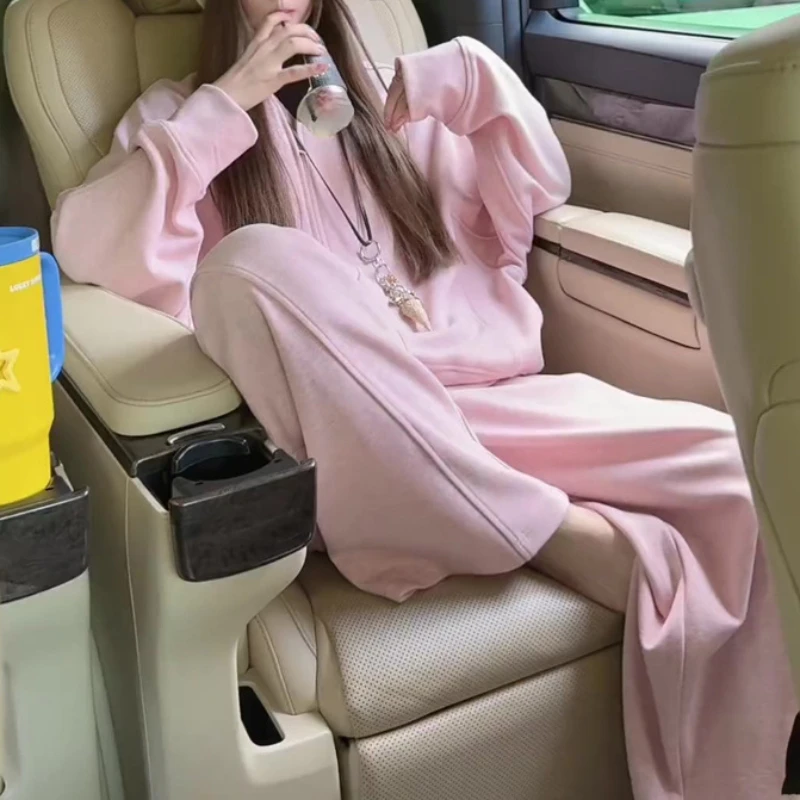 两色SG/杨依姗AW复古优雅慵懒感纯色卫衣搭配弯刀裤时尚套装