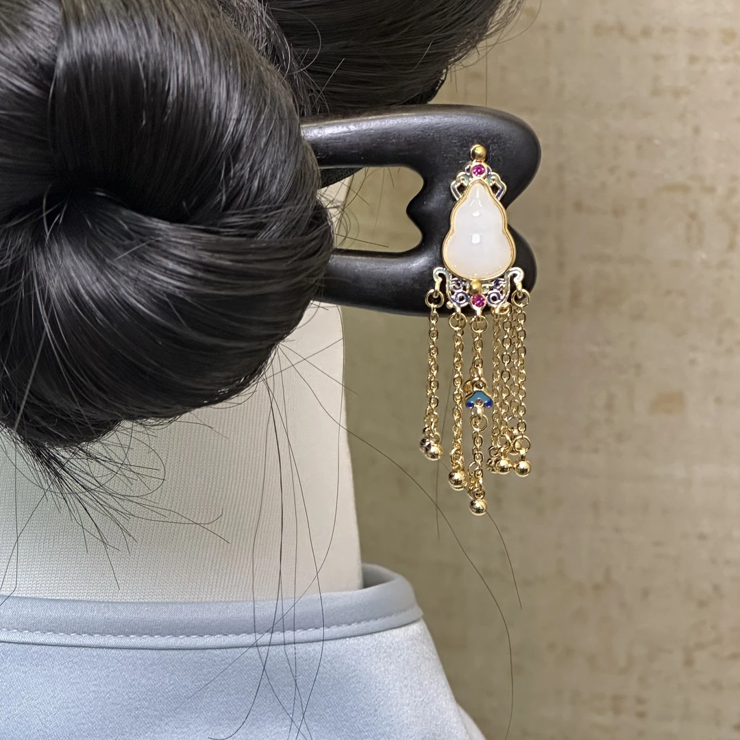 F020玉质小葫芦双面短流苏天然檀木发簪15公分手工百搭复古日常