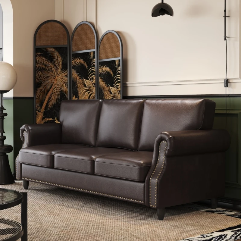 巴顿美式简约三人位皮沙发黑色复古家用小户型沙发81001-3