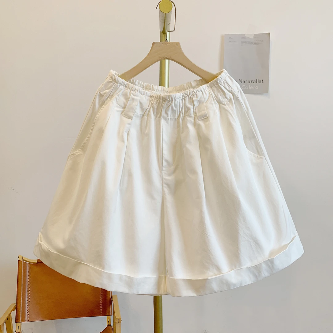 Y2753-白 裤管翻边松紧腰宽松短裤