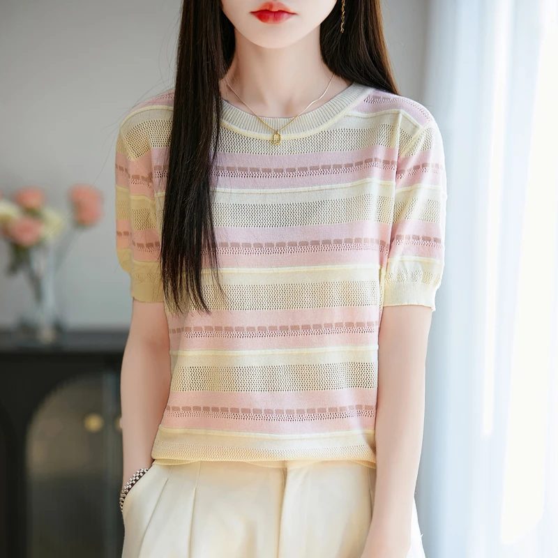品牌夏季新款条纹短袖针织衫女上衣洋气宽松休闲T恤潮