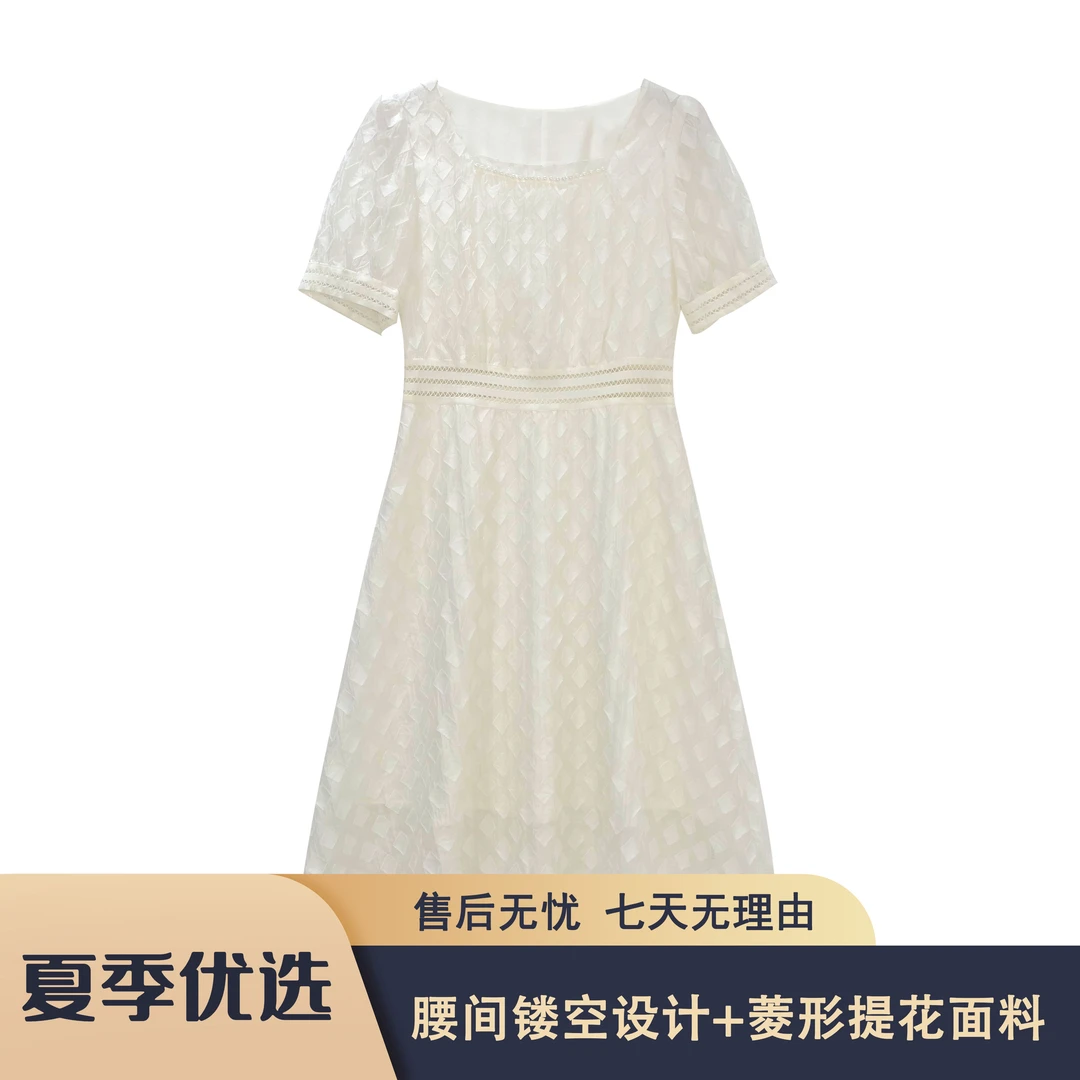 S228 传Q2025夏季优雅方领泡泡袖腰间镂空设计连衣裙CQQ23257款