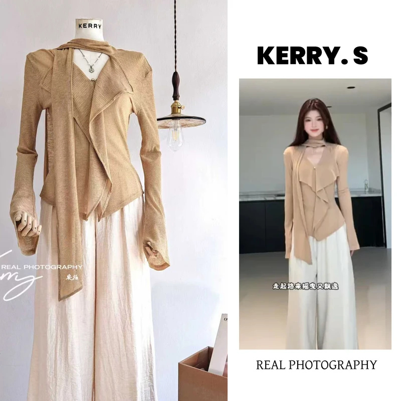 《入秋松弛系》2025新款法式飘带V领T恤长袖上衣慵懒风休闲裤套装