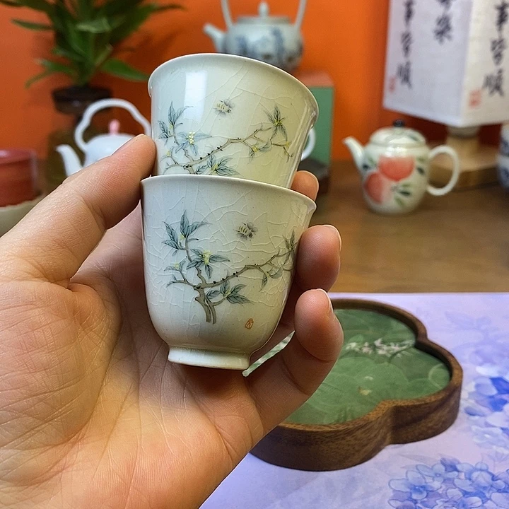 瓷片古青釉小品杯桂花两个