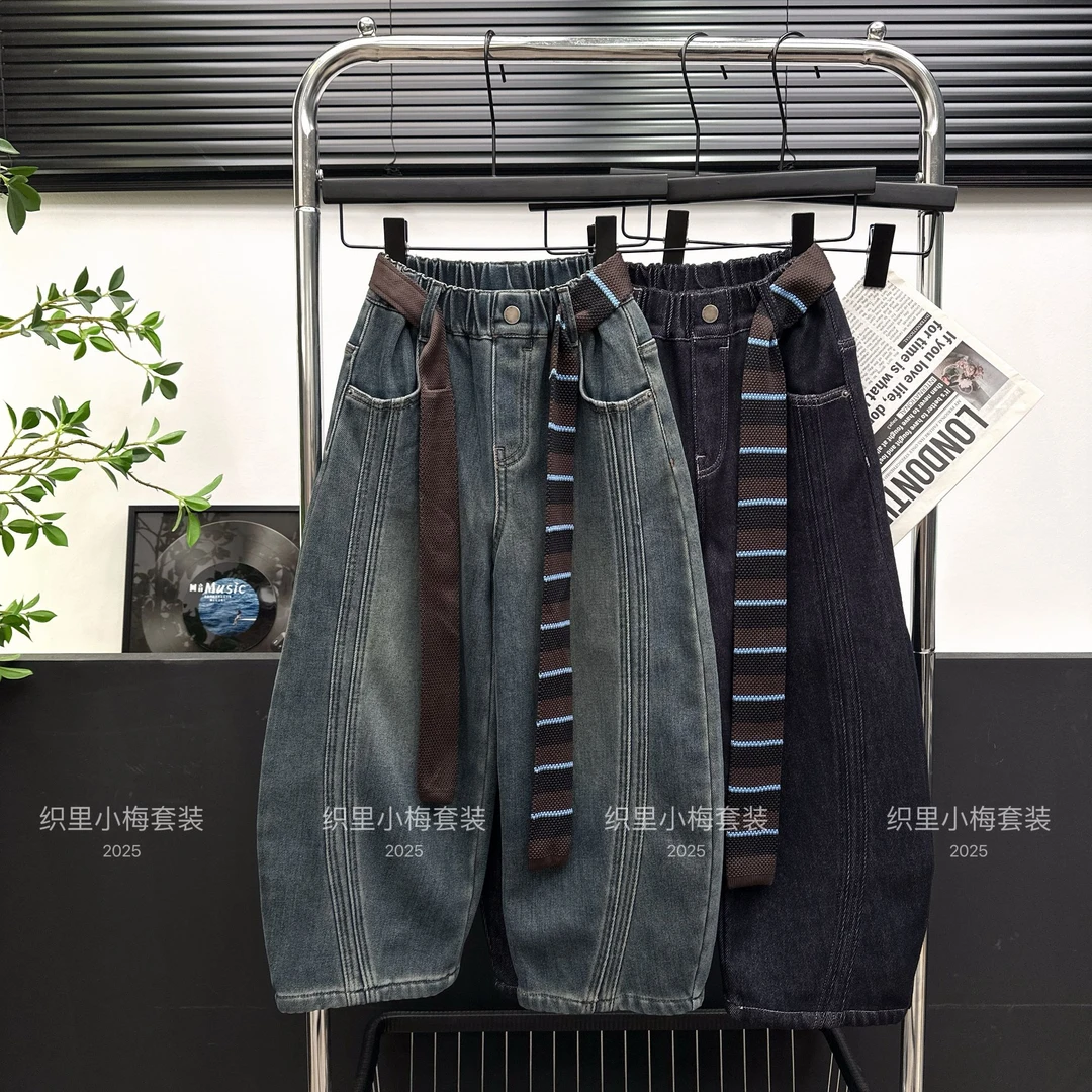 童装2025冬季新款洋气男女童百搭一体绒牛仔裤儿童弯刀裤潮A808