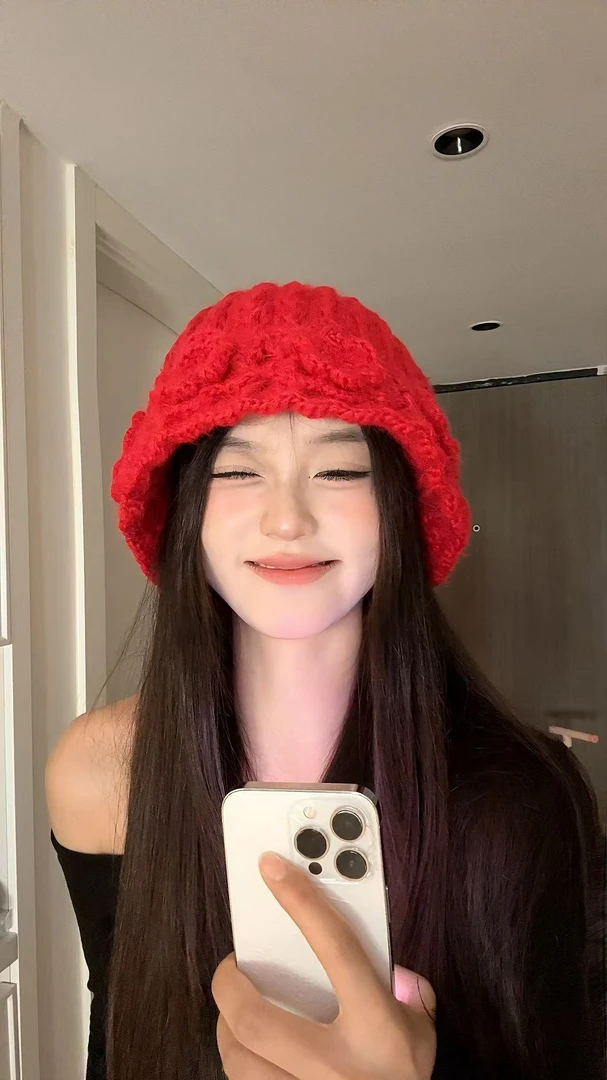 韩版时尚花朵针织渔夫帽子女秋冬复古优雅休闲毛线盆帽保暖水桶帽