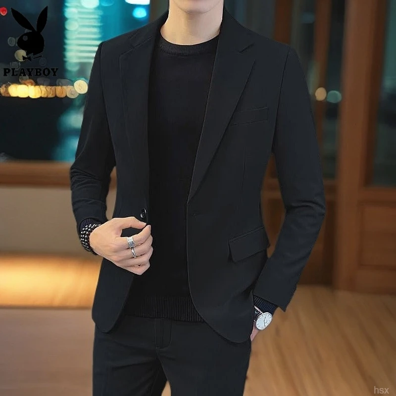 花花公子上衣服潮流帅气冬季休闲黑色西服套装男士修身小西装外套