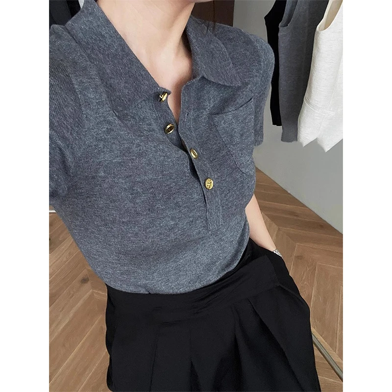 法式灰色翻领冰丝短袖针织正肩T恤女夏季设计感短款Polo衫上衣薄