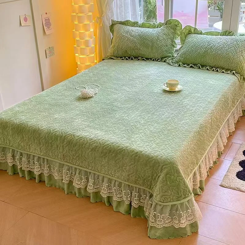 加厚粉丝浮力韩版蕾丝花边床盖