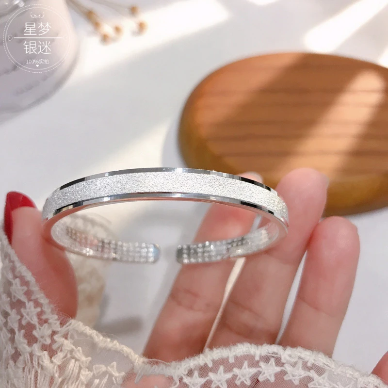 足银手镯 银9999闪沙心经开口手镯简约百搭银女友小众银镯子