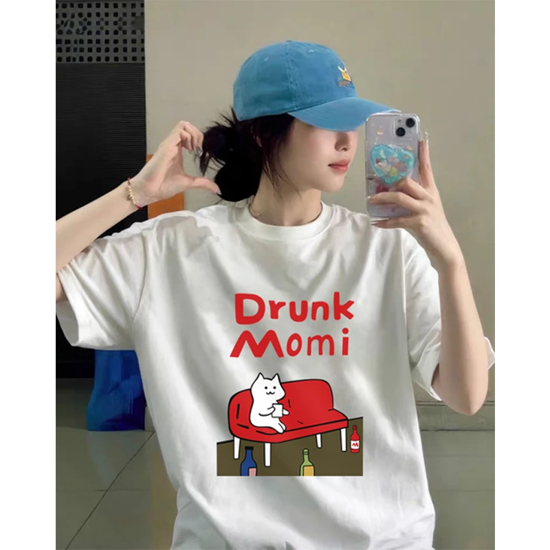 设计感卡通T恤2025夏季新款透气纯棉休闲百搭白色印花t恤短袖女款