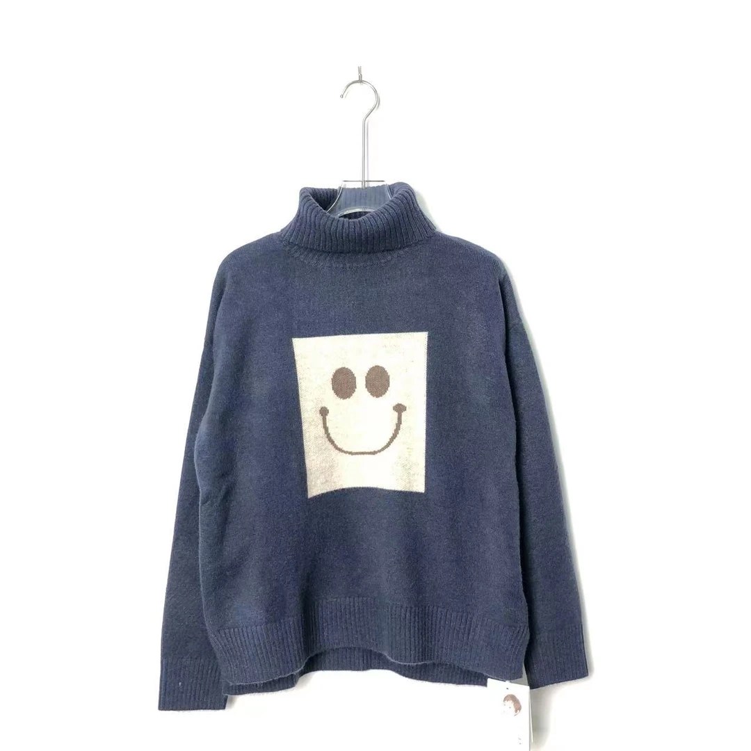 ML2081 宽松慵懒藏蓝色高领方块笑脸上衣