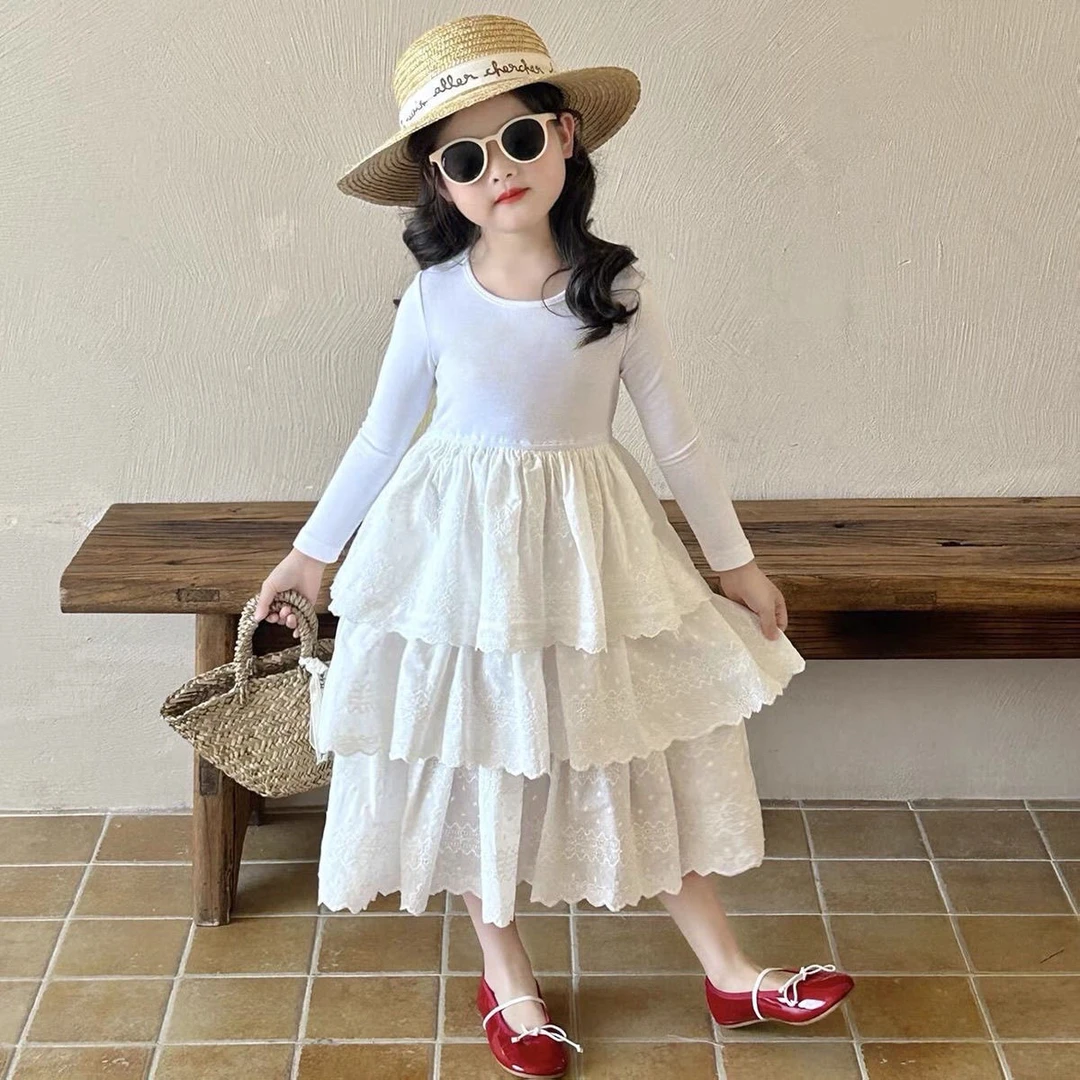 女童白色长袖连衣裙女童针织蕾丝蛋糕裙女童芭蕾裙公主裙礼服洋气