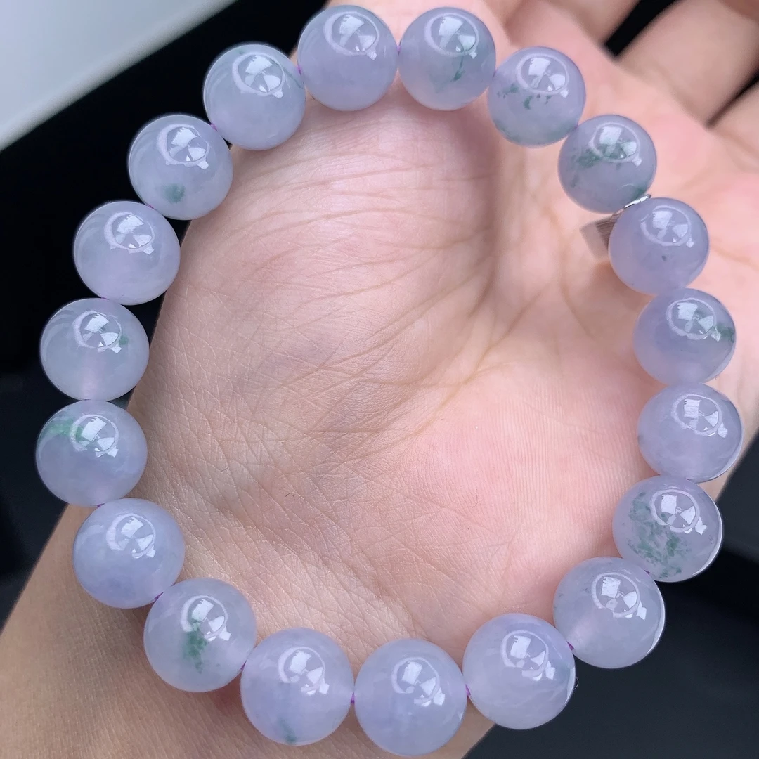 四会 缅甸A货翡翠冰紫翡紫罗兰色飘花圆珠手链手串2T卡10mm