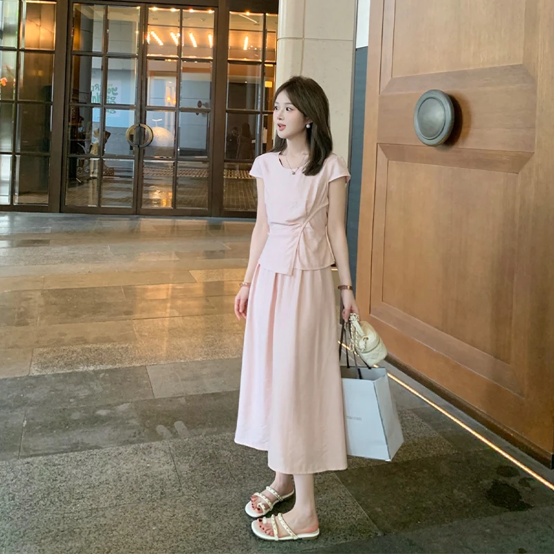 FUGUI RICH小个子短袖连衣裙夏季新款假两件方圆领拼接法式中长裙