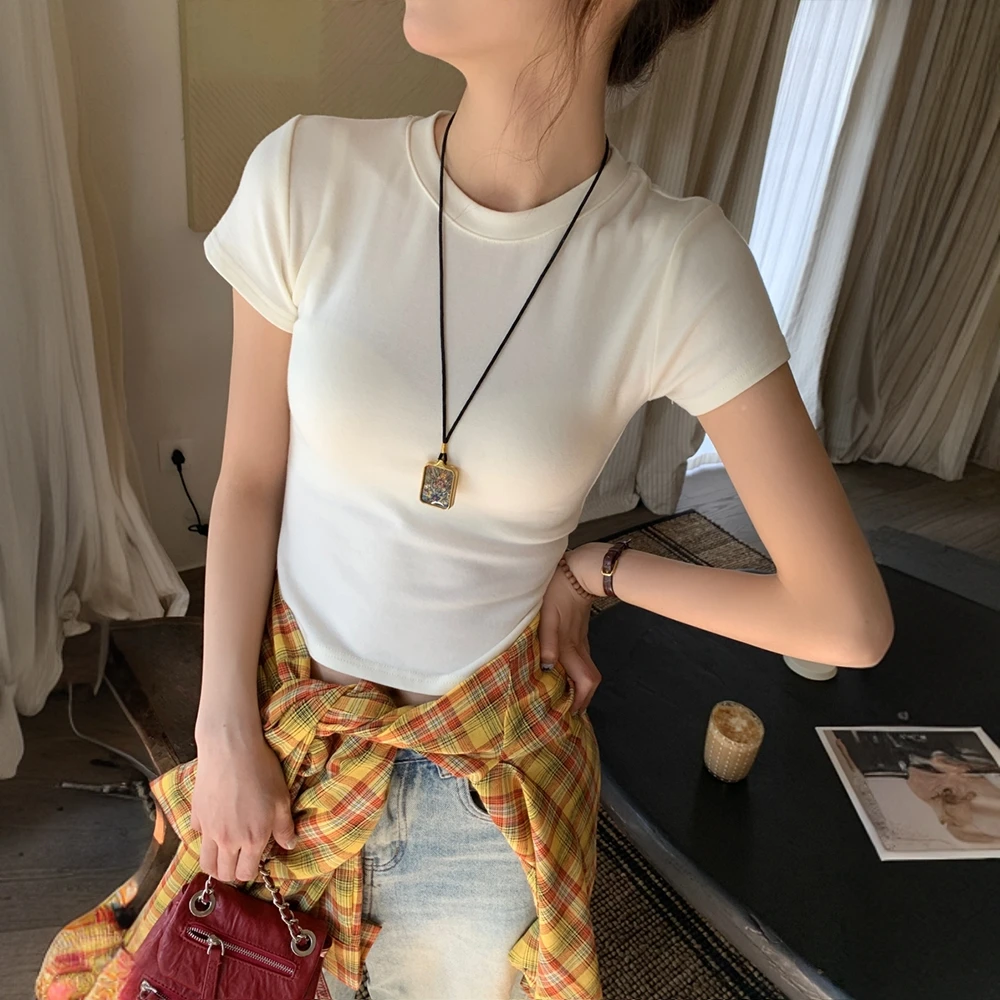 圆领正肩短袖T恤女2025夏季新款高级感修身显瘦上衣高腰短款小众