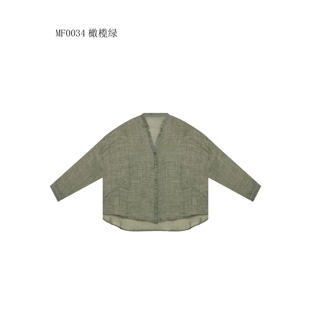 【麻訪家】MF0034橄榄绿文艺气质简约宽松百搭长袖上衣