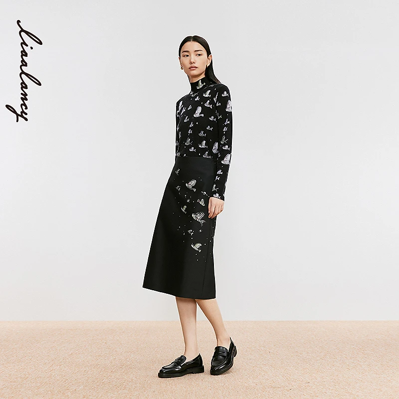 LANCY/朗姿24冬新款真丝羊毛设计感印花高腰直筒中长款半身裙女