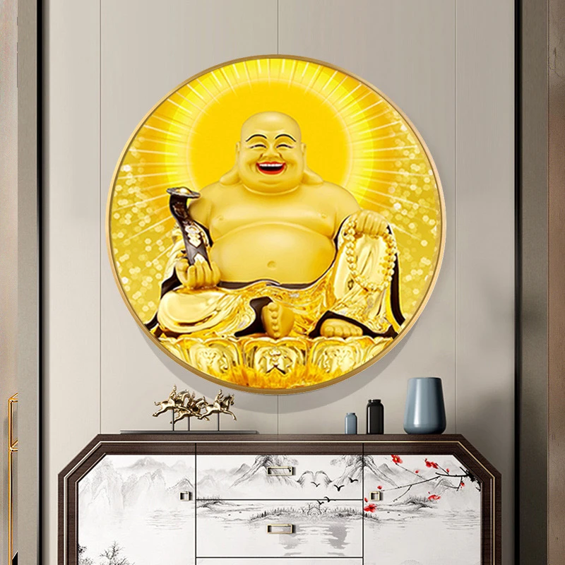 新款弥勒佛钻石画满钻欢喜佛大肚佛祖圆形玄关客厅装饰画手工diy