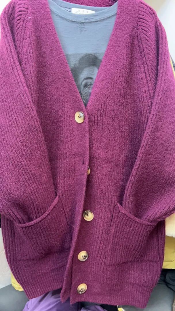 秋冬宽松型长袖均码V领毛针织衫加厚宽松上衣拼接针织衫秋季