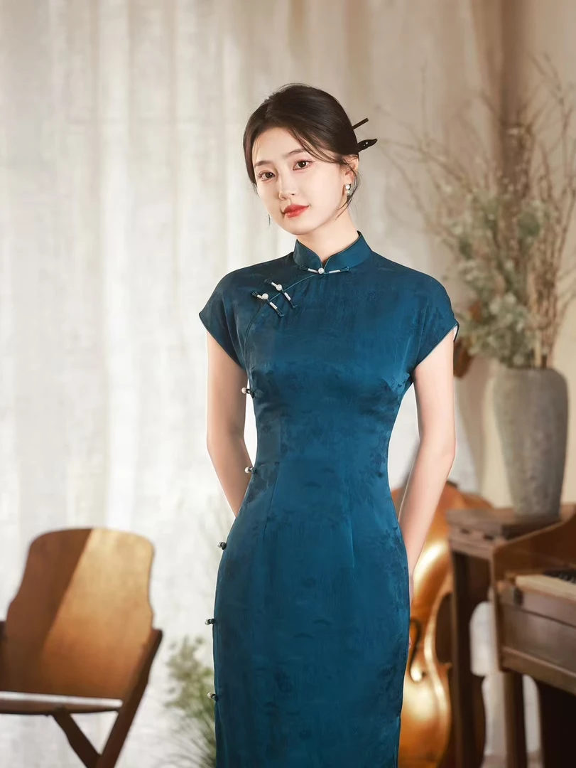 中国风日常夏季立领中长款旗袍——映山梅