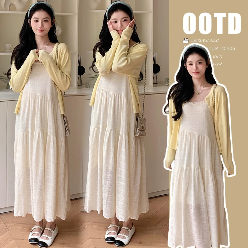 洋气孕妇装韩版显瘦2025新品时尚背心吊带裙+开衫两件套