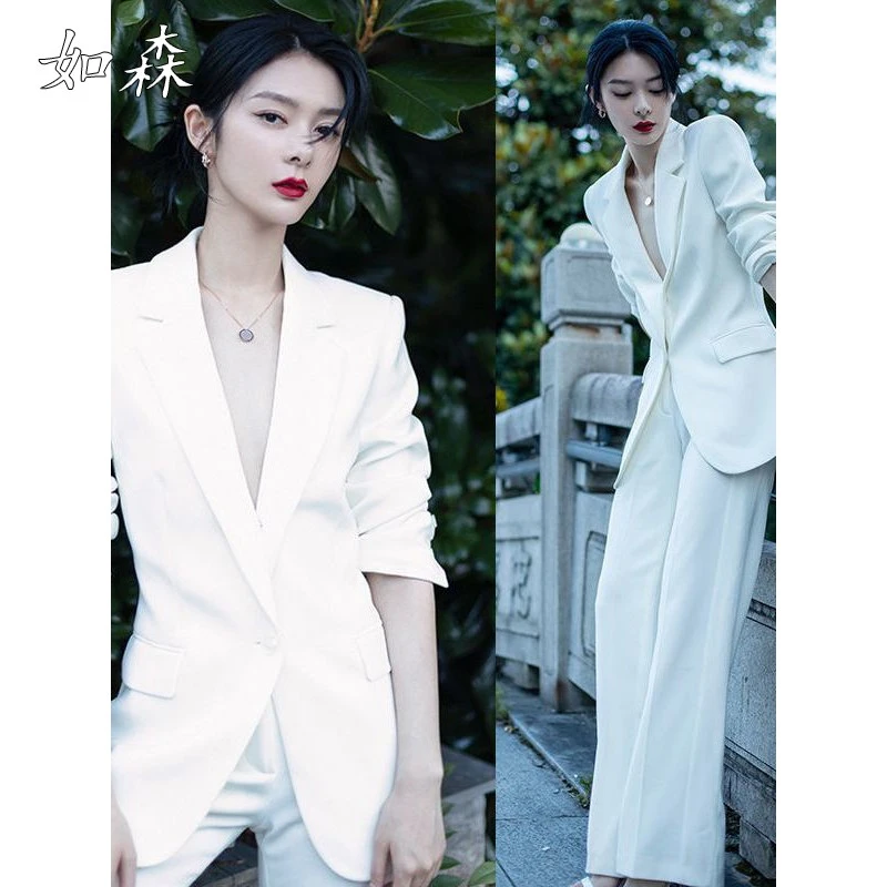 时尚欧美明星款职业装时尚一粒扣布扣中长西装+喇叭裤套装两件套