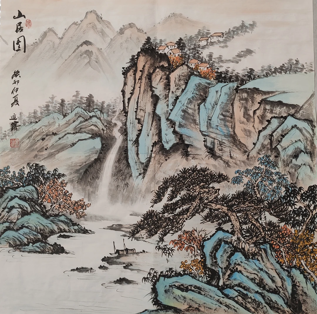 纯手绘4尺斗方山水作品（69x69）